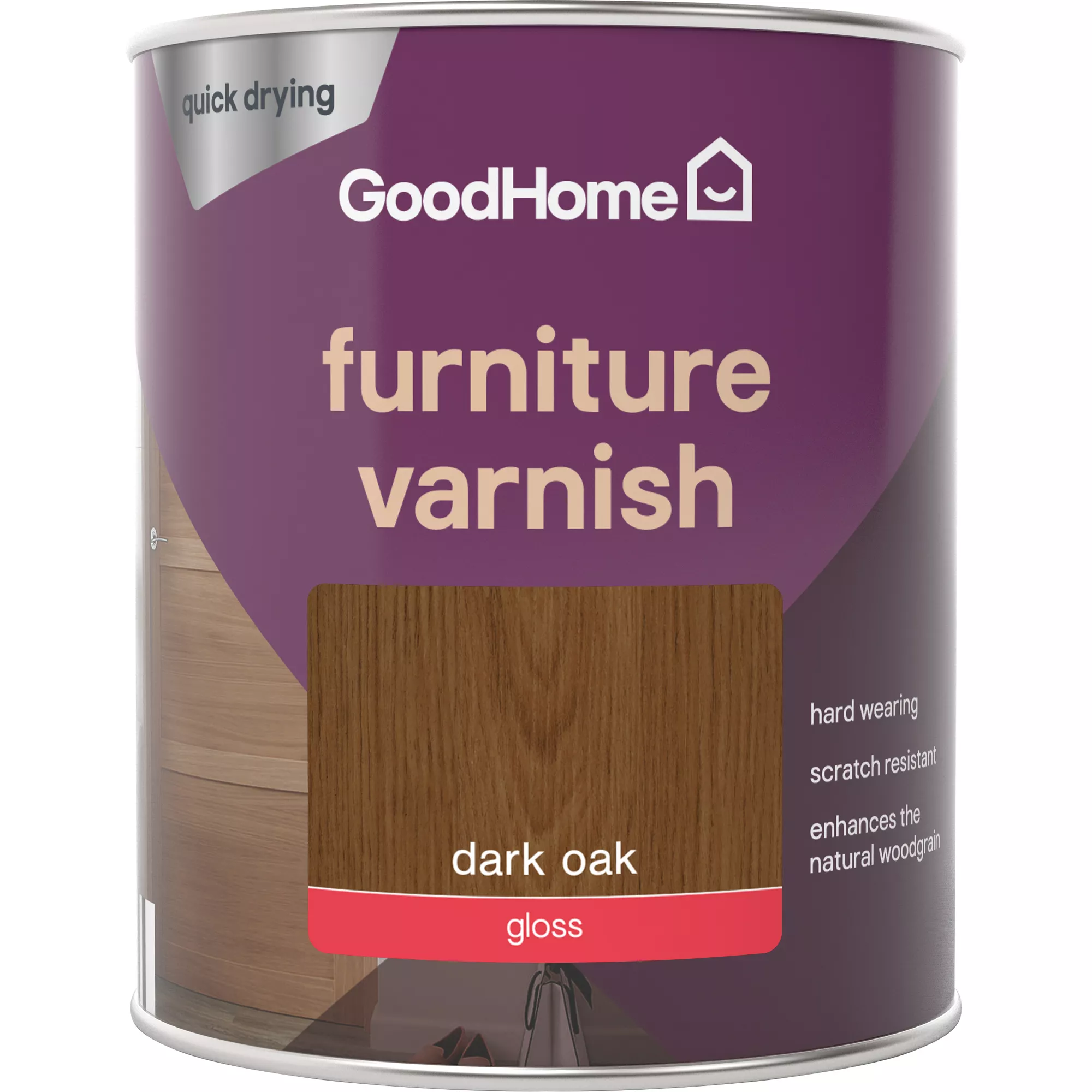 GoodHome Dark Oak Gloss Multi-surface Furniture Wood varnish, 750ml GoodHome Dark Oak Gloss Multi-surface Furniture Wood Varnish, 750ml -Home Paint Store goodhome dark oak gloss multi surface furniture wood varnish 750ml5059340486888 02c