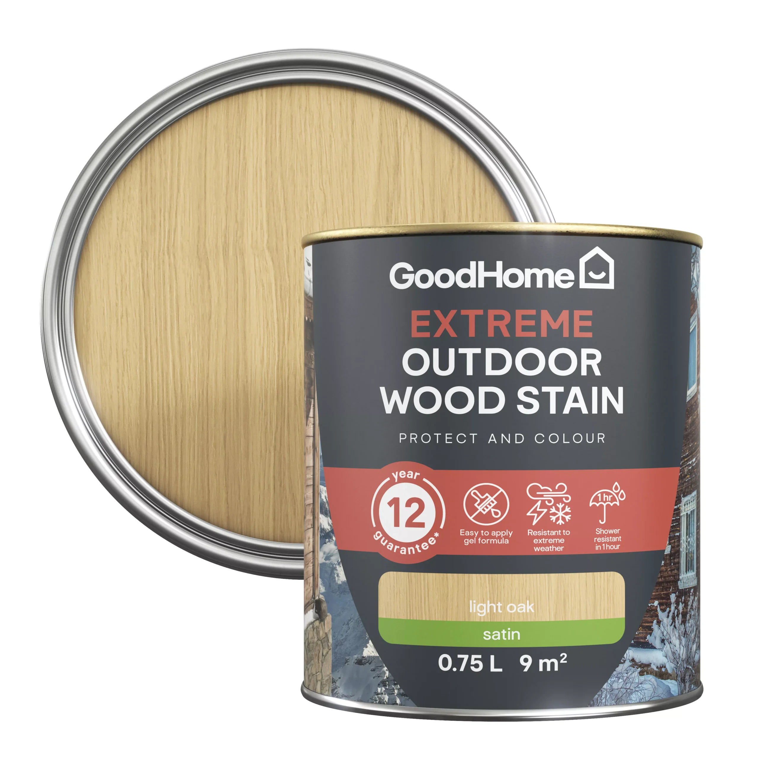 GoodHome Extreme Outdoor Light Oak Satin Quick dry Wood stain, 750ml GoodHome Extreme Outdoor Light Oak Satin Quick Dry Wood Stain, 750ml -Home Paint Store goodhome extreme outdoor light oak satin quick dry wood stain 750ml5059340297484 21c scaled