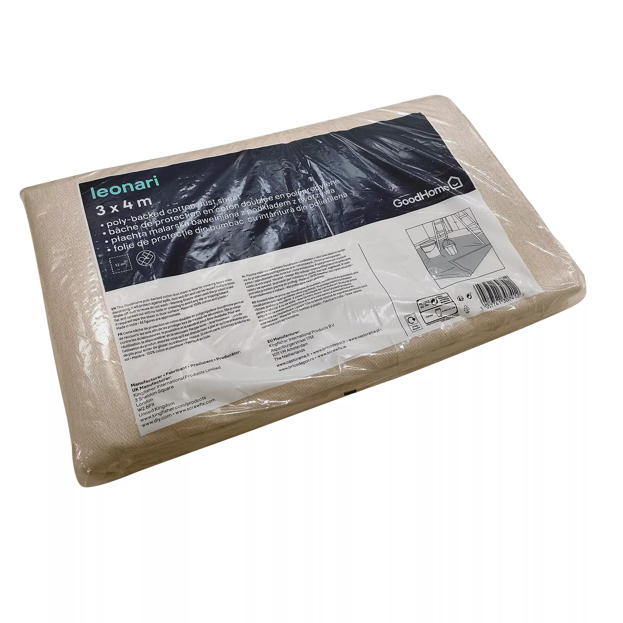 GoodHome Laminated Cotton Dust sheet, (L)4m, (W)3m GoodHome Laminated Cotton Dust Sheet, (L)4m, (W)3m -Home Paint Store goodhome laminated cotton dust sheet l 4m w 3m5057741307412 08c