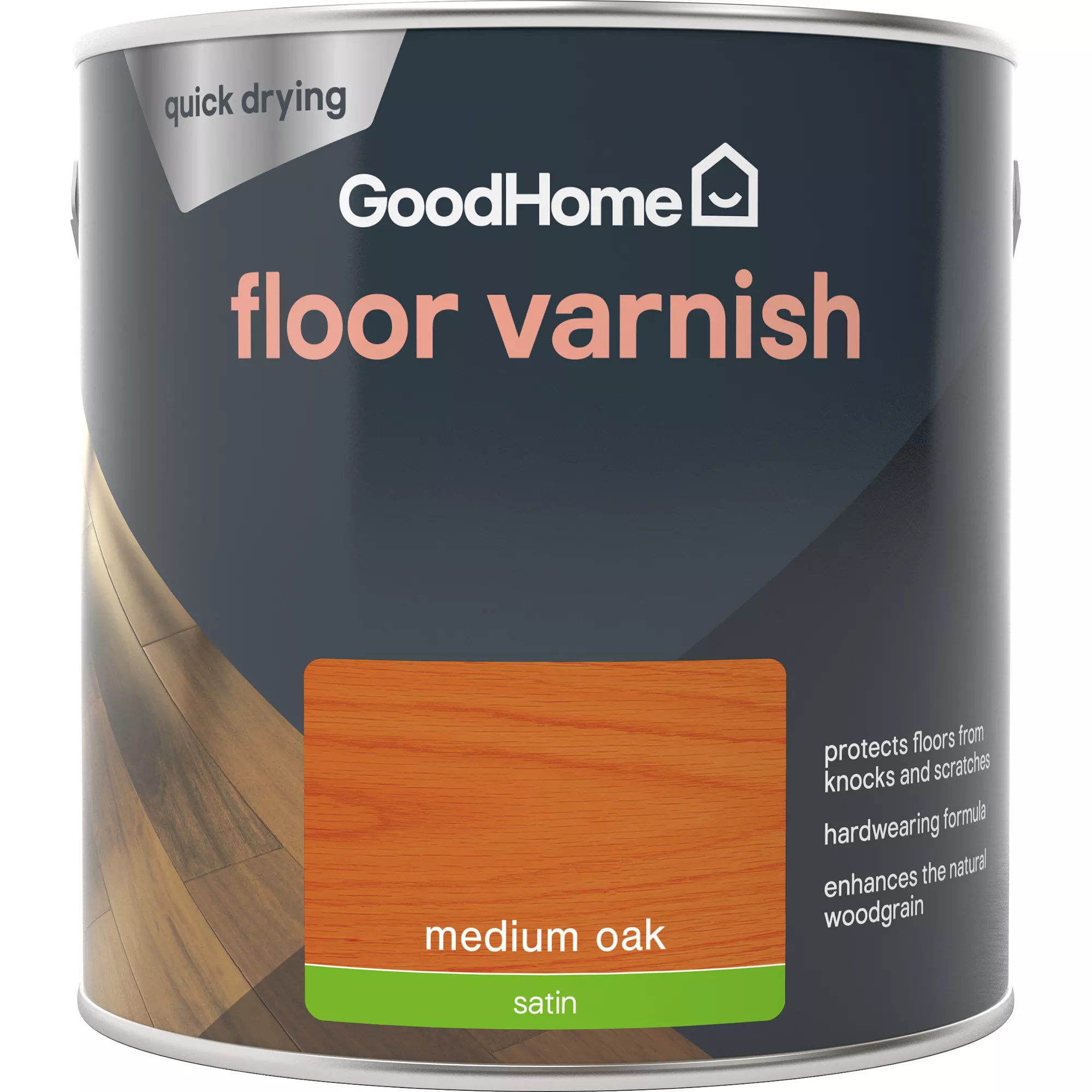 GoodHome Medium Oak Satin Floor Wood varnish, 2.5L GoodHome Medium Oak Satin Floor Wood Varnish, 2.5L -Home Paint Store goodhome medium oak satin floor wood varnish 2 5l5059340486963 02c