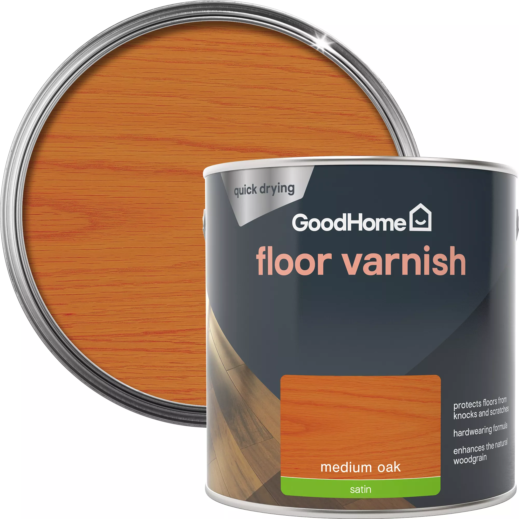 GoodHome Medium Oak Satin Floor Wood varnish, 2.5L GoodHome Medium Oak Satin Floor Wood Varnish, 2.5L -Home Paint Store goodhome medium oak satin floor wood varnish 2 5l5059340486963 21c