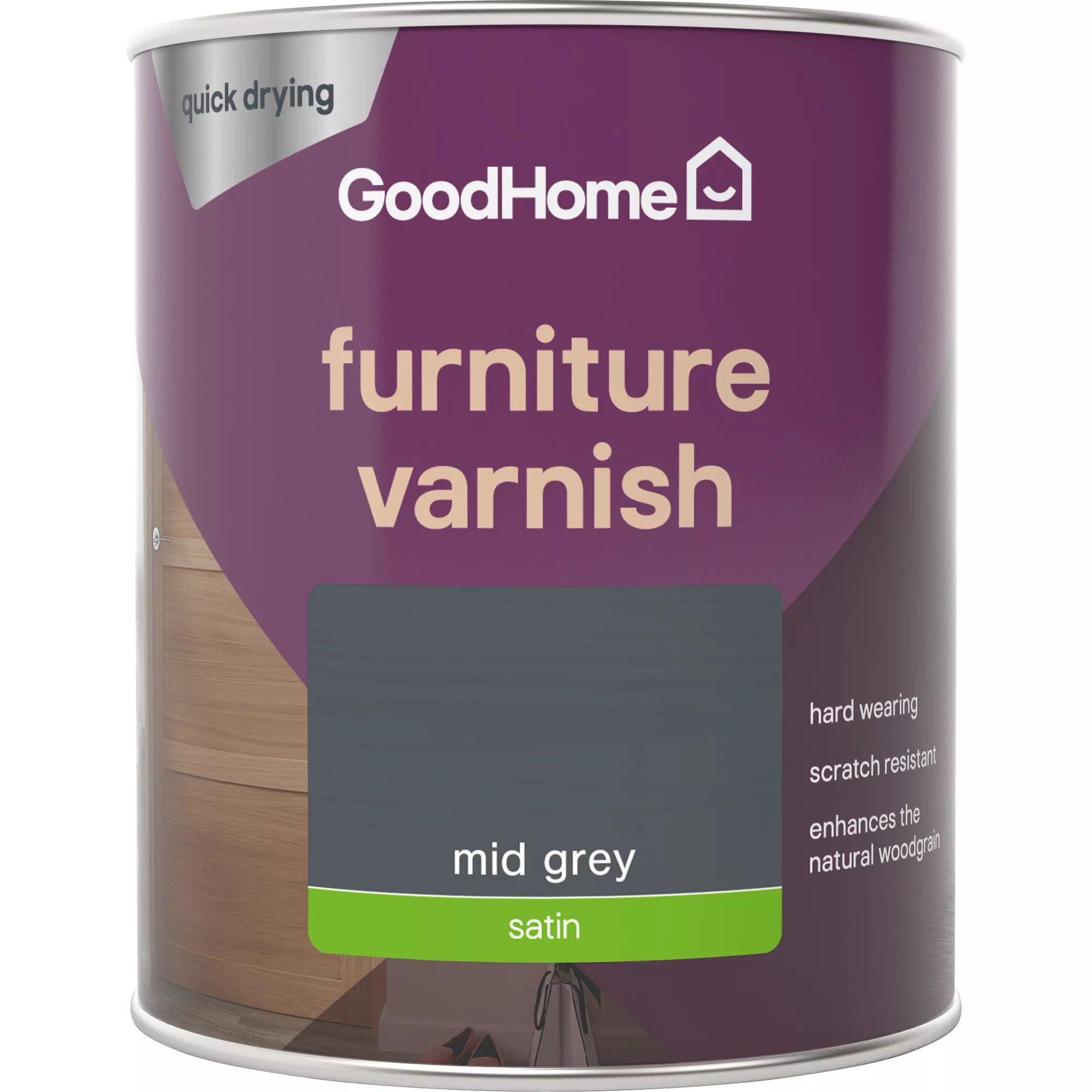 GoodHome Mid Grey Satin Multi-surface Furniture Wood varnish, 750ml GoodHome Mid Grey Satin Multi-surface Furniture Wood Varnish, 750ml -Home Paint Store goodhome mid grey satin multi surface furniture wood varnish 750ml5059340486840 02c