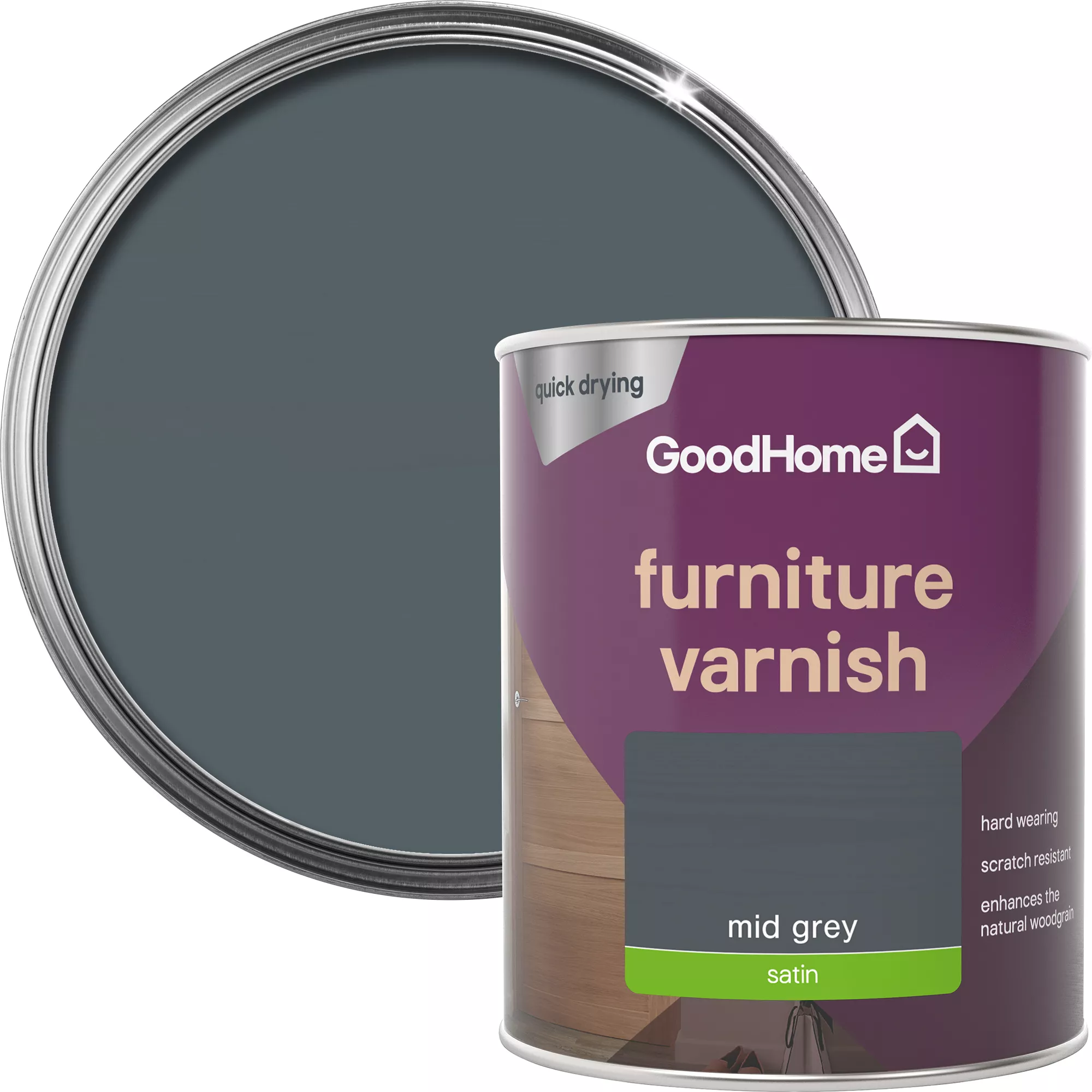 GoodHome Mid Grey Satin Multi-surface Furniture Wood varnish, 750ml GoodHome Mid Grey Satin Multi-surface Furniture Wood Varnish, 750ml -Home Paint Store goodhome mid grey satin multi surface furniture wood varnish 750ml5059340486840 21c
