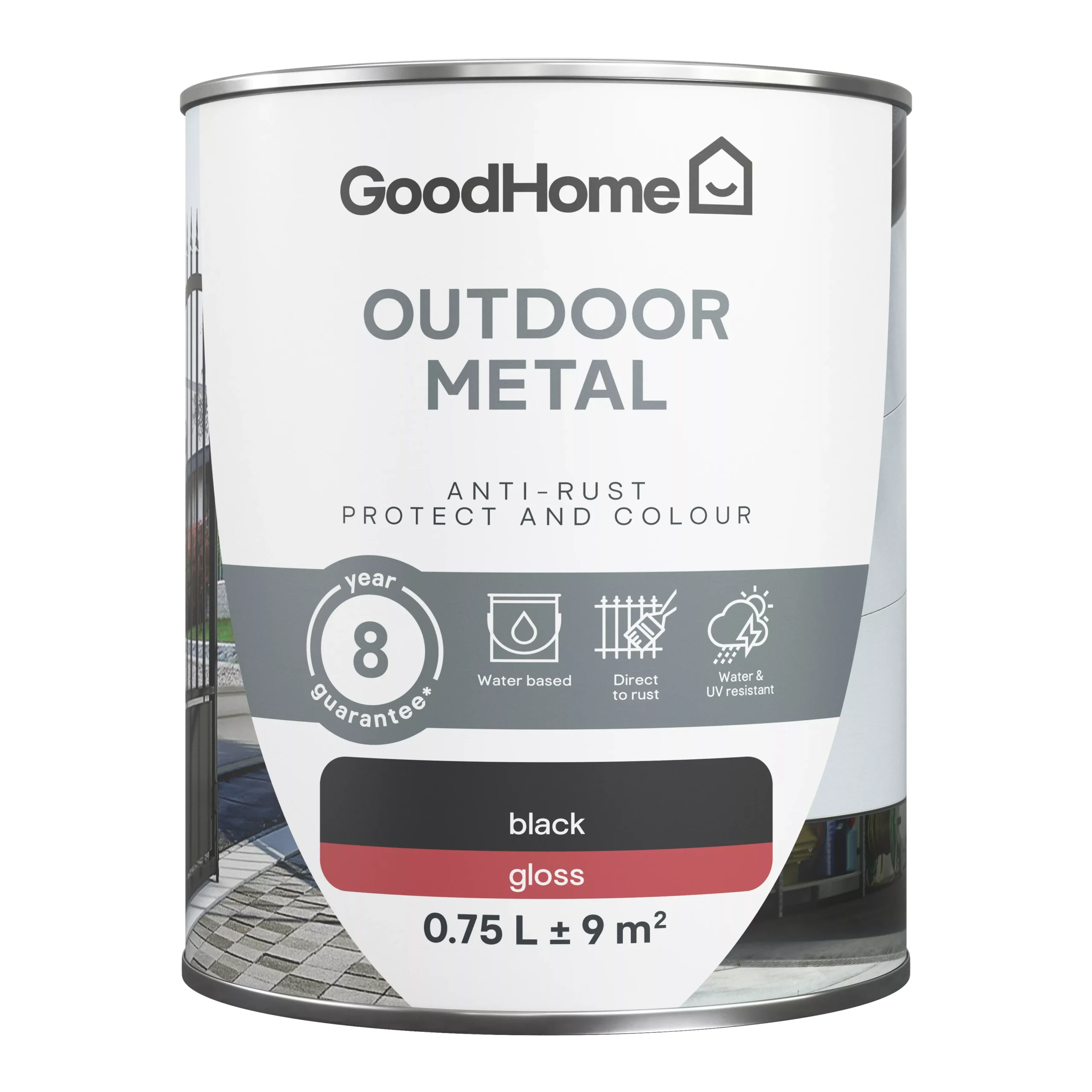 GoodHome Outdoor Black Gloss Exterior Metal paint, 750ml Tin GoodHome Outdoor Black Gloss Exterior Metal Paint, 750ml Tin -Home Paint Store goodhome outdoor black gloss exterior metal paint 750ml tin5059340296029 02c scaled