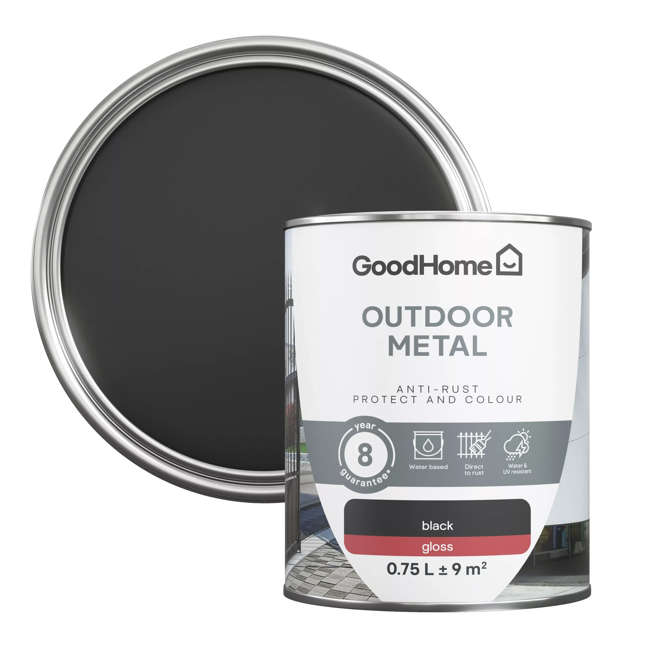 GoodHome Outdoor Black Gloss Exterior Metal paint, 750ml Tin GoodHome Outdoor Black Gloss Exterior Metal Paint, 750ml Tin -Home Paint Store goodhome outdoor black gloss exterior metal paint 750ml tin5059340296029 21c scaled