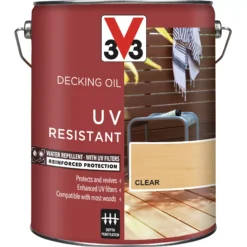 V33 Clear UV Resistant Decking Wood Oil, 5L -Home Paint Store v33 clear uv resistant decking wood oil 5l3153895163095 08c bq