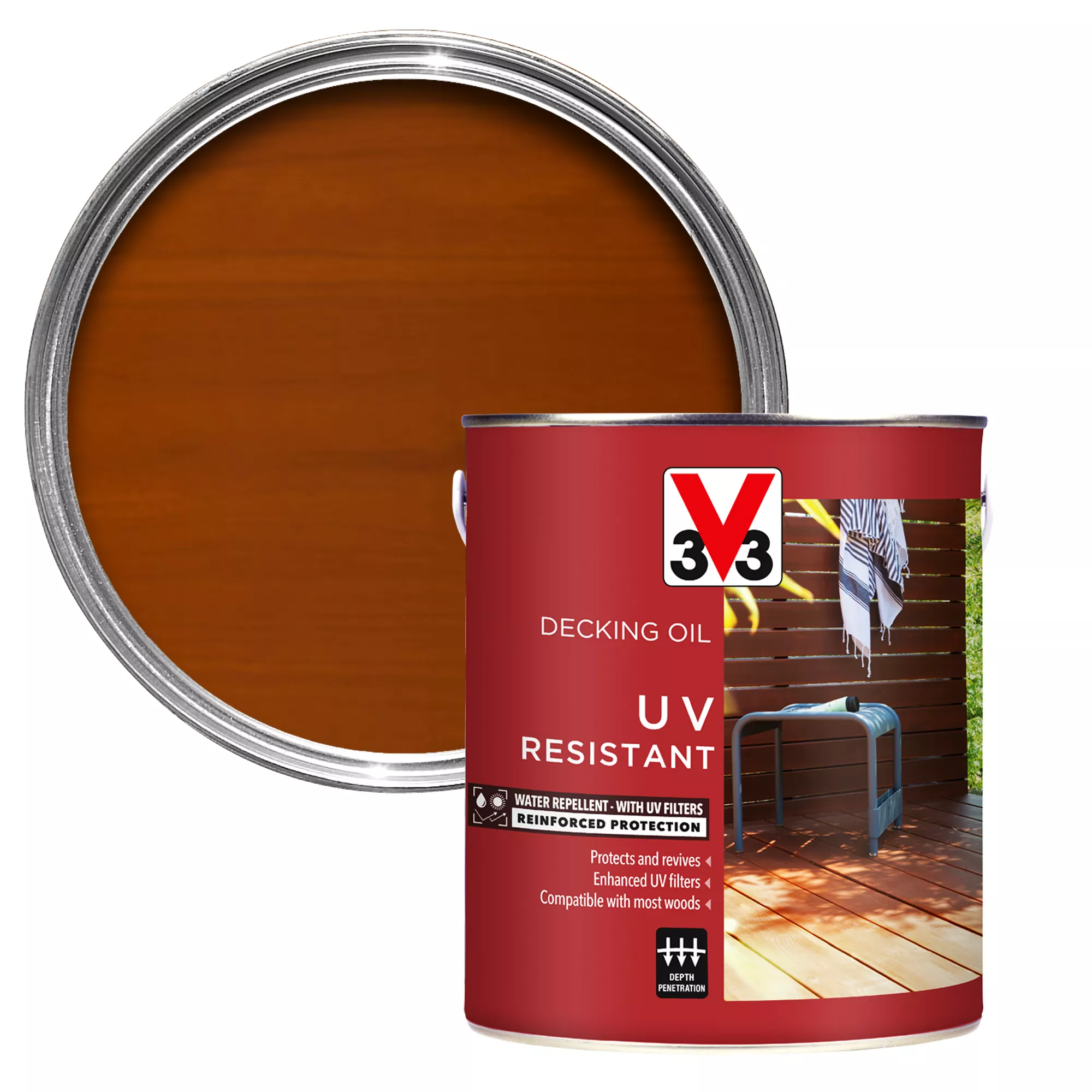 V33 Teak UV resistant Decking Wood oil, 2.5L V33 Teak UV Resistant Decking Wood Oil, 2.5L -Home Paint Store v33 teak uv resistant decking wood oil 2 5l3153895163088 01c